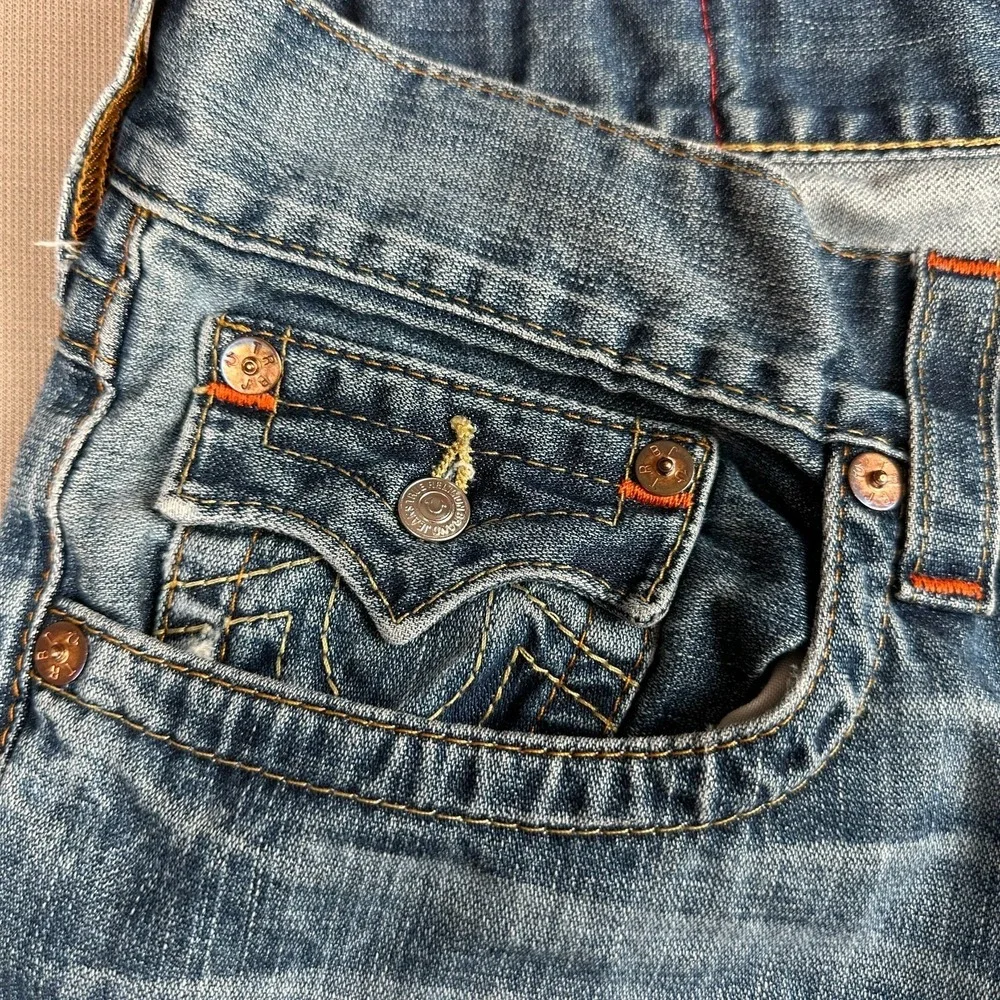 True Religion Ricky Jeans Mens 38x29 Blue Straight Flap Pocket 100% Cotton
